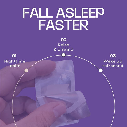 A hand holds a small aluminum foil velyra sachet over a purple graphic background with the text 'FALL ASLEEP FASTER' and three labeled stages: '01 Nighttime calm,' '02 Relax & Unwind,' and '03 Wake up refreshed.'.