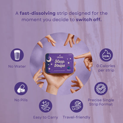 A purple promotional graphic for velyra Sleep Strips, showing a hand holding the product box in the center, surrounded by illustrated hands pointing toward key selling points such as no water, 0 calories per strip, no pills, precise single strip format, easy to carry, and travel-friendly.