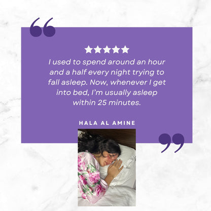 A promotional graphic with a purple quote box on a white marble background. The quote reads, 'I used to spend around an hour and a half every night trying to fall asleep.