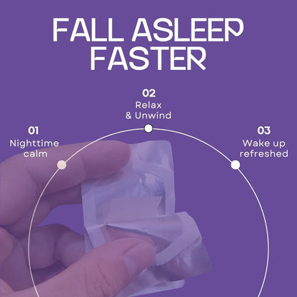 A hand holds a small aluminum foil velyra sachet over a purple graphic background with the text 'FALL ASLEEP FASTER' and three labeled stages: '01 Nighttime calm,' '02 Relax & Unwind,' and '03 Wake up refreshed.'.