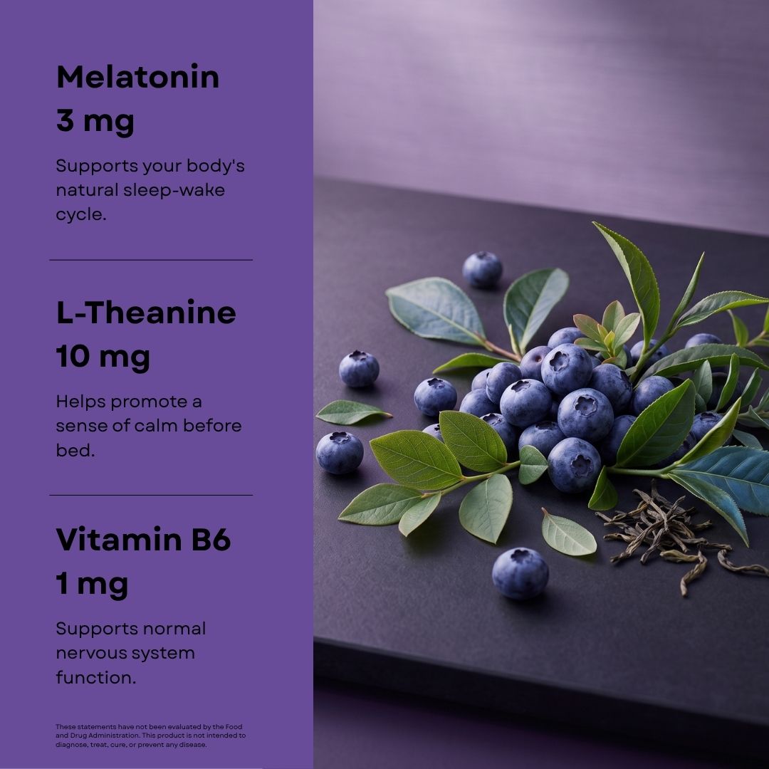 A product information graphic for a sleep supplement. The left side has a purple panel with text listing Melatonin 3 mg, L-Theanine 10 mg, and Vitamin B6 1 mg.