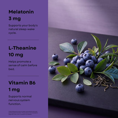 A product information graphic for a sleep supplement. The left side has a purple panel with text listing Melatonin 3 mg, L-Theanine 10 mg, and Vitamin B6 1 mg.