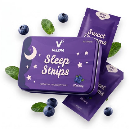Velyra Sleep Strips in a purple metal tin with two matching sachets, styled with blueberries and mint leaves on a white background.