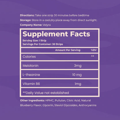 A purple supplement facts label with white text and borders, showing product details for a melatonin and L-theanine supplement. Visible text includes directions, storage instructions, company name Velyra, and ingredients such as melatonin 3mg, L-theanine 10 mg, and Vitamin B6 1mg.