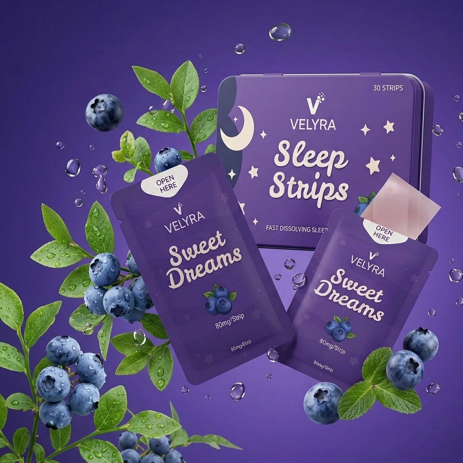 Velyra fast-dissolving oral sleep strip with wild blueberry flavor and bedside packaging