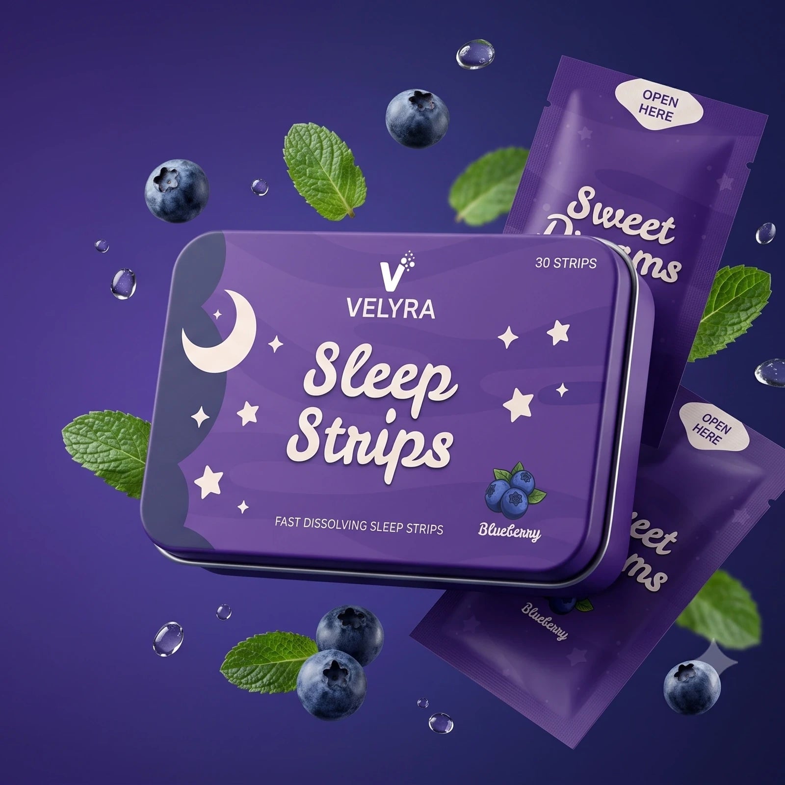 Natural wild blueberry flavor with Velyra sleep strips and sachets